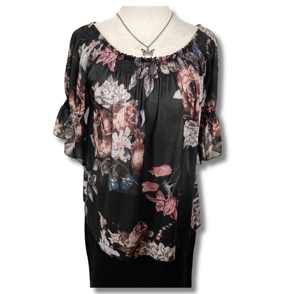 PAPILLON Semi-sheer off-the-shoulder floral print flutter sleeve XS SMALL shirt